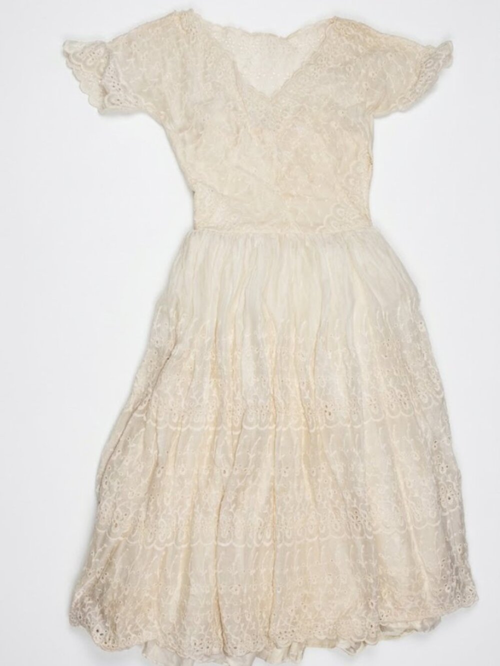 Vintage 1950s Emma Domb Wedding Dress Off-White Eyelet Lace Midi XS Short Sleeve